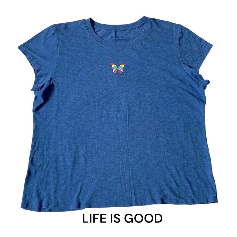 Life Is Good Blue Short Sleeve Tee with Rainbow Butterfly